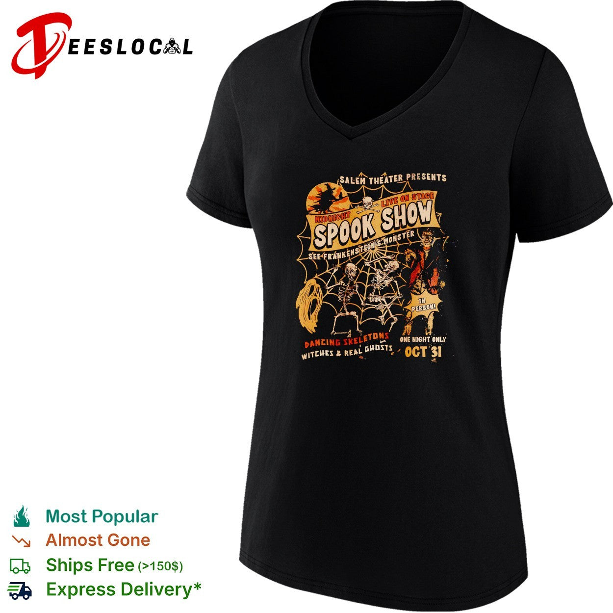 Skeletons dancing Salem Theater midnight spook show Frankenstein Oct 31 Halloween shirt