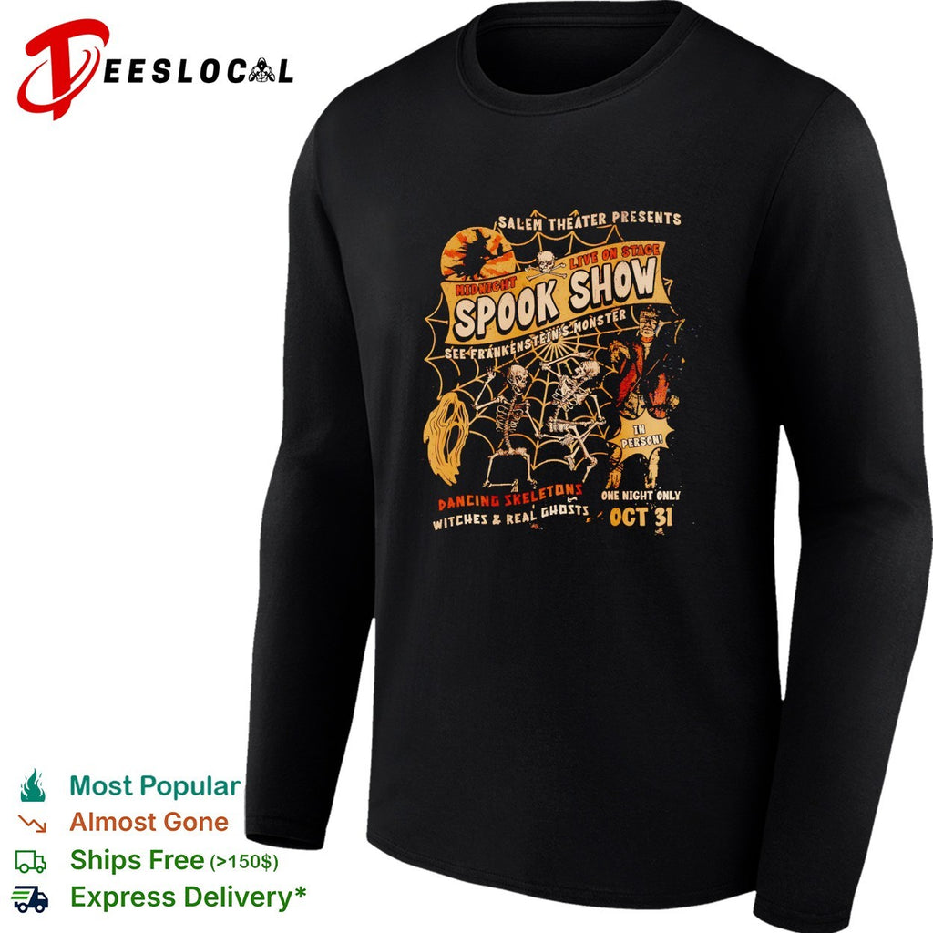 Skeletons dancing Salem Theater midnight spook show Frankenstein Oct 31 Halloween shirt