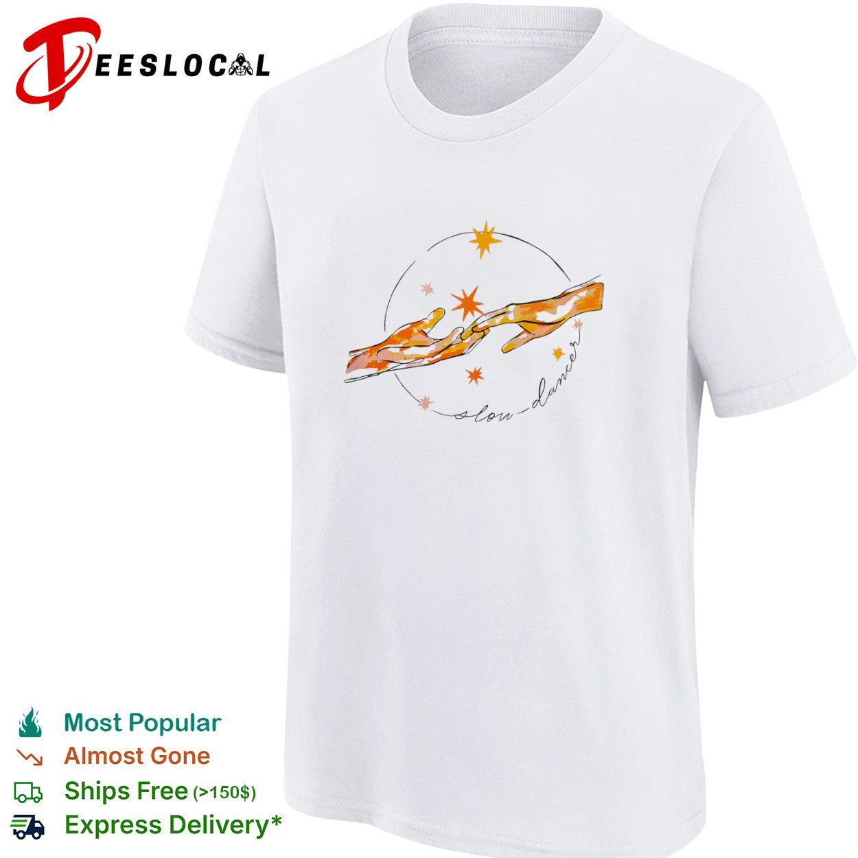 Slow dancer touching hands with celestial stars and cosmic shirt