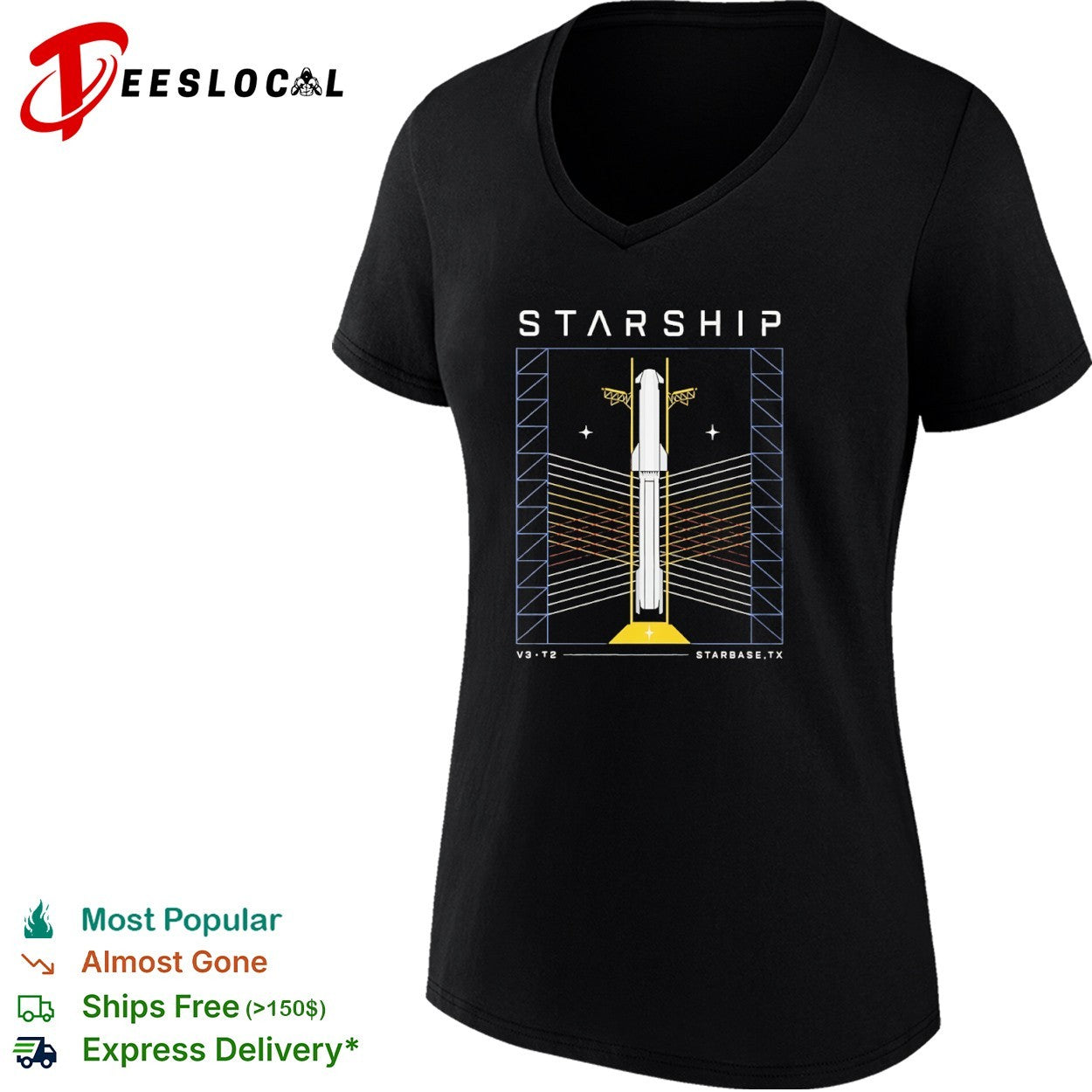 Starship V3 T2 Starbase TX SpaceX Rocket Schematic Technical Shirt