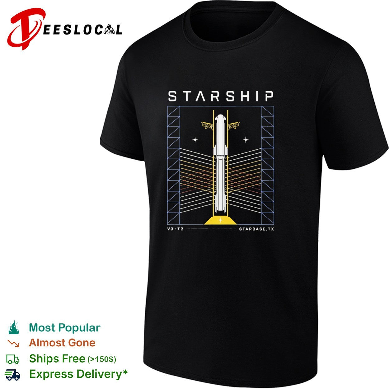 Starship V3 T2 Starbase TX SpaceX Rocket Schematic Technical Shirt