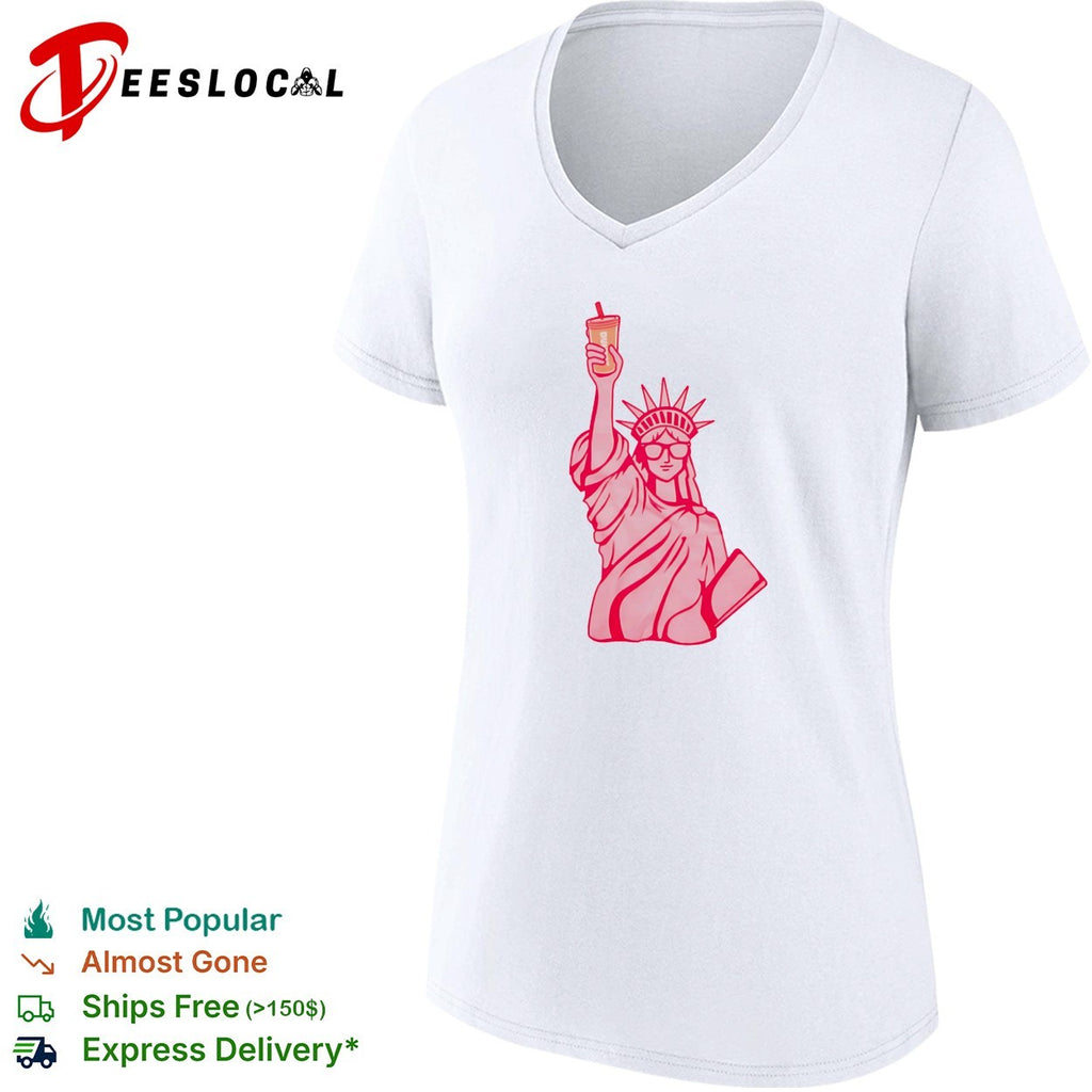 Statue of Liberty wearing sunglasses holding iced drink shirt