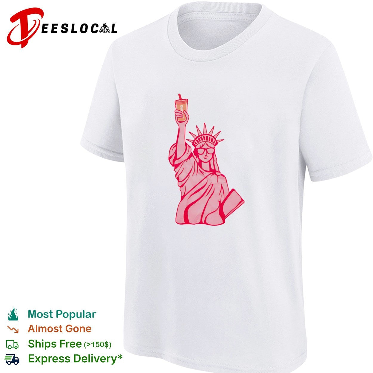 Statue of Liberty wearing sunglasses holding iced drink shirt
