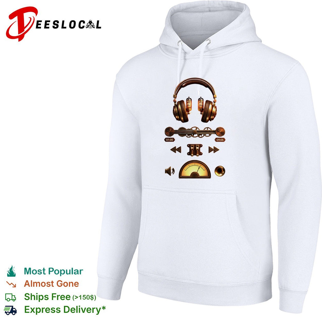 Steampunk headphones music player gear controls shirt