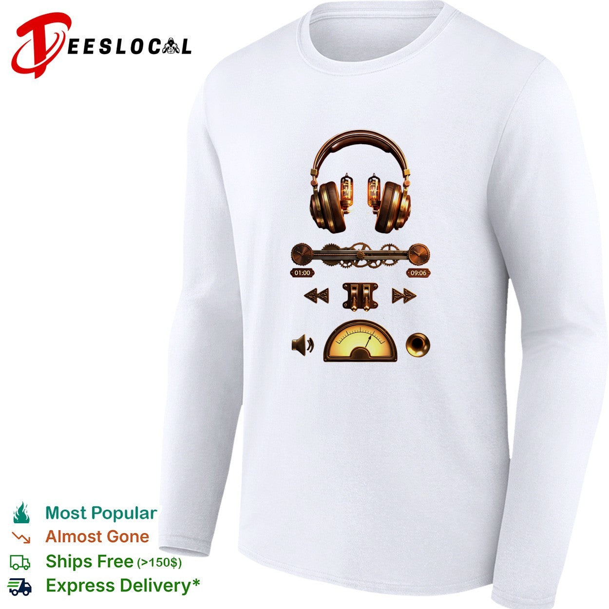 Steampunk headphones music player gear controls shirt