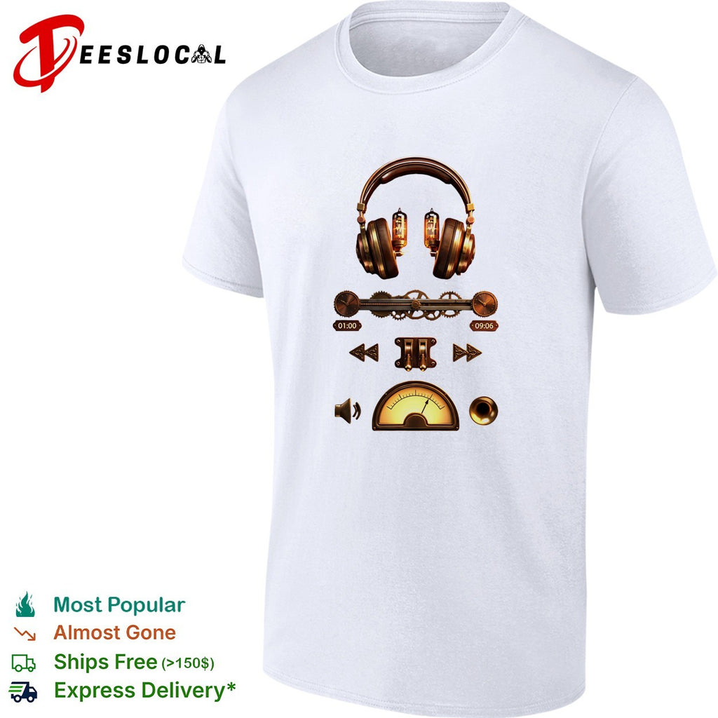 Steampunk headphones music player gear controls shirt