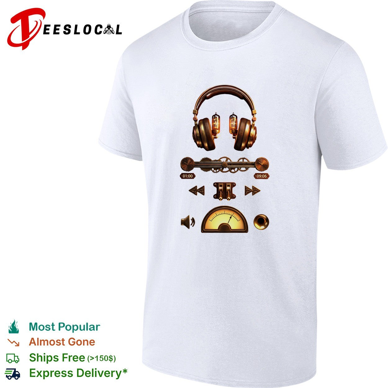 Steampunk headphones music player gear controls shirt