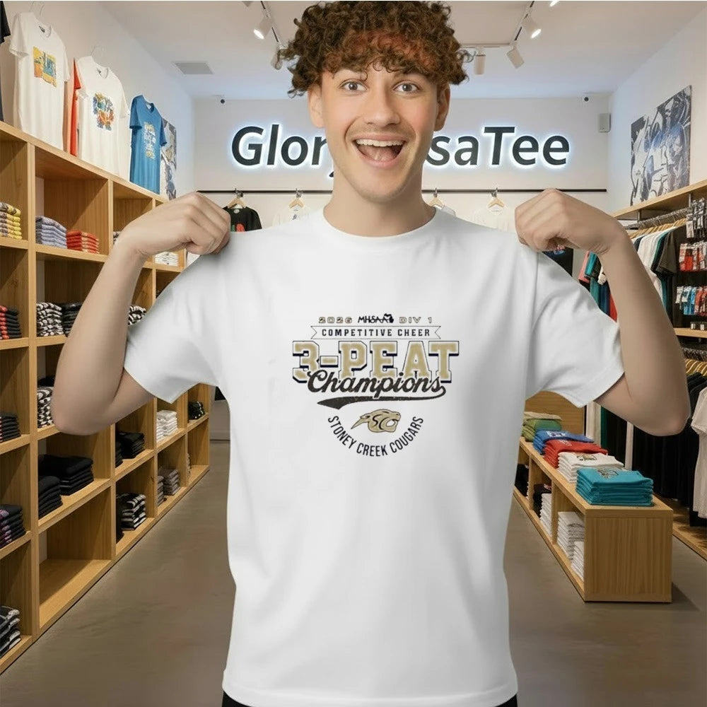 Stoney Creek Cougars 2026 MHSAA Cheer D1 3-Peat Champions logo shirt