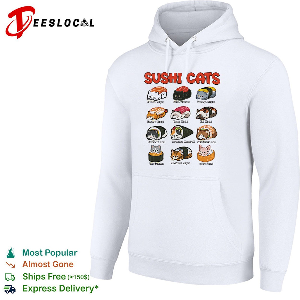 Sushi Cats Salmon Nigiri Tamago Nigiri Shrimp Nigiri Futomaki Roll Avocado Handroll shirt