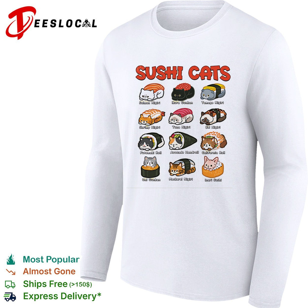Sushi Cats Salmon Nigiri Tamago Nigiri Shrimp Nigiri Futomaki Roll Avocado Handroll shirt