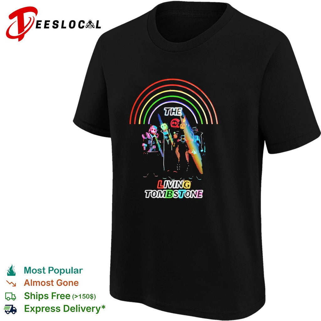 The Living Tombstone neon rainbow skull shirt
