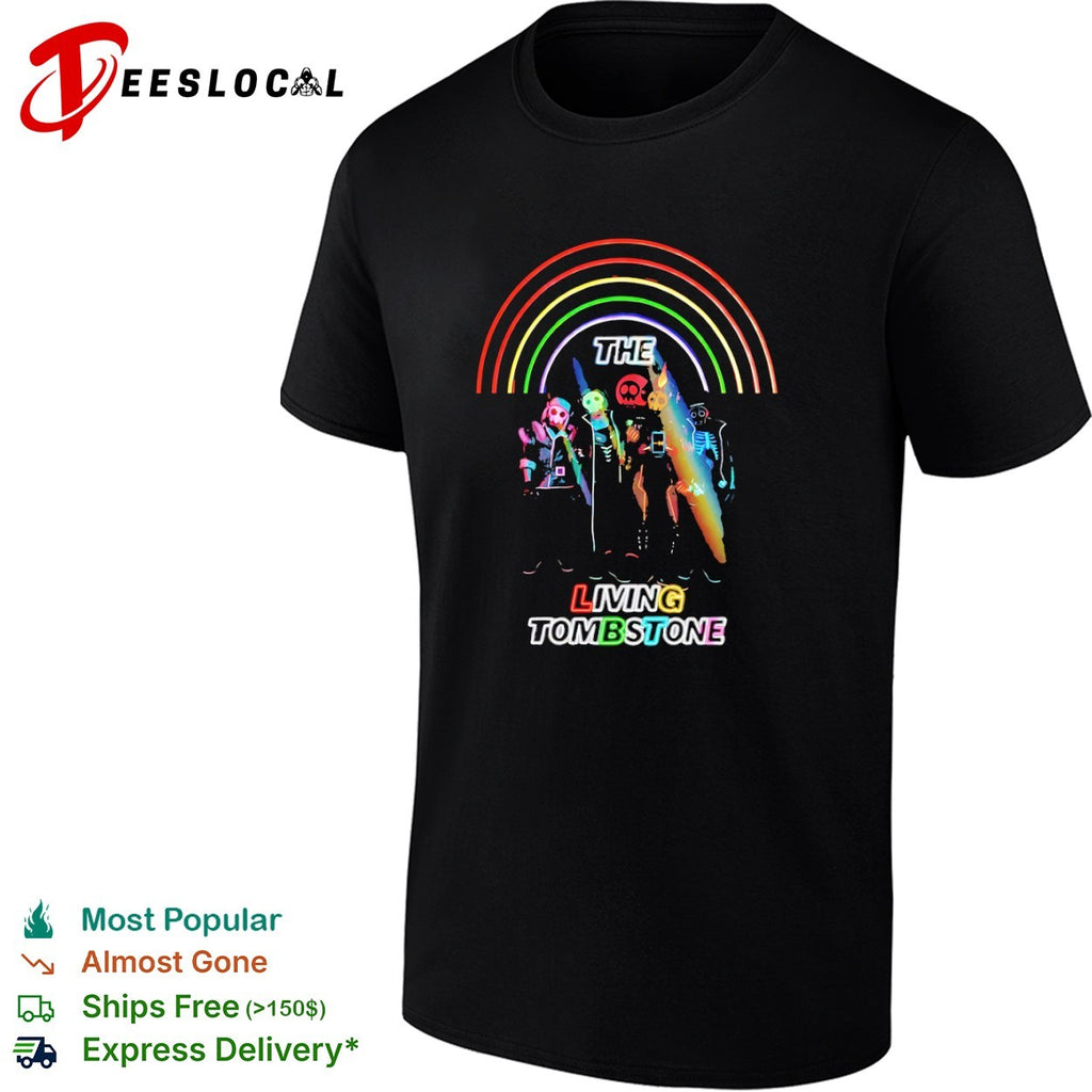 The Living Tombstone neon rainbow skull shirt