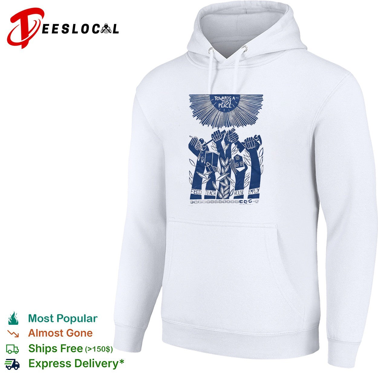 Towards a just peace feed teach house employ ECC hands holding tools and house shirt