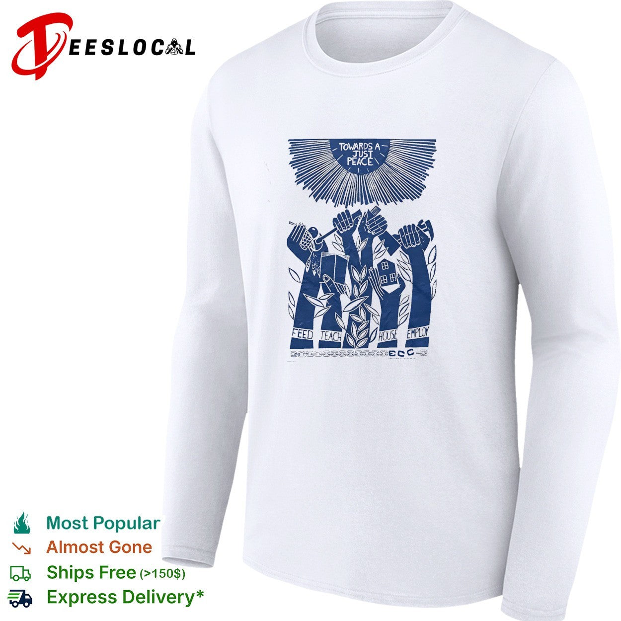 Towards a just peace feed teach house employ ECC hands holding tools and house shirt