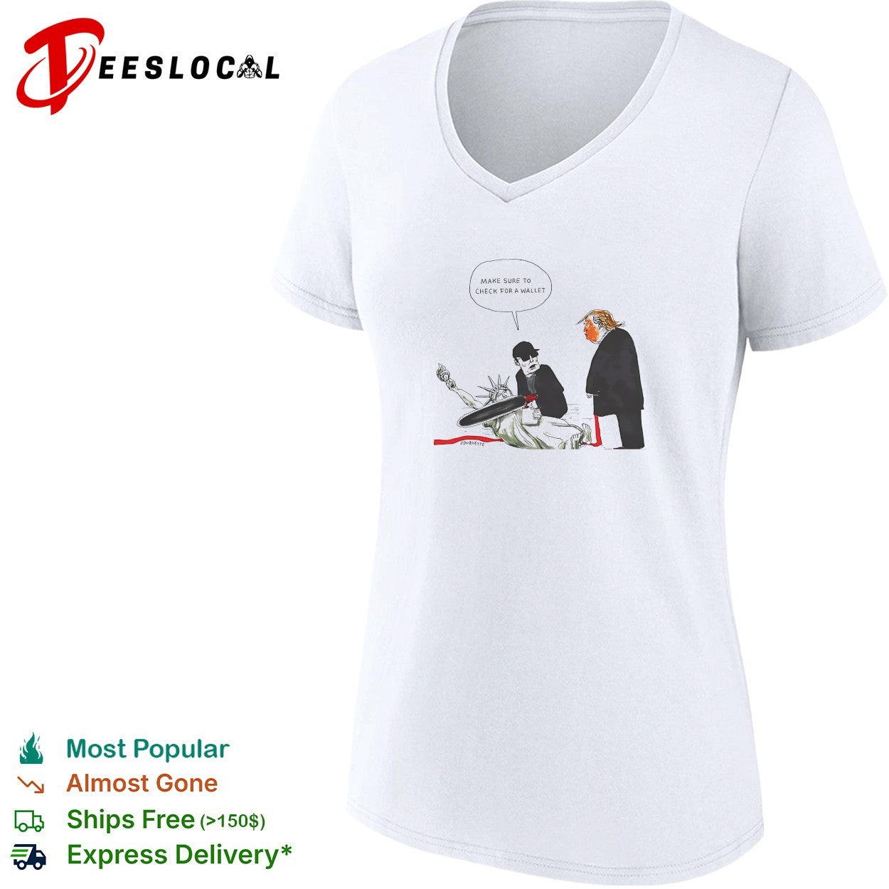 Trump cartoon checking for wallet on Statue of Liberty shirt