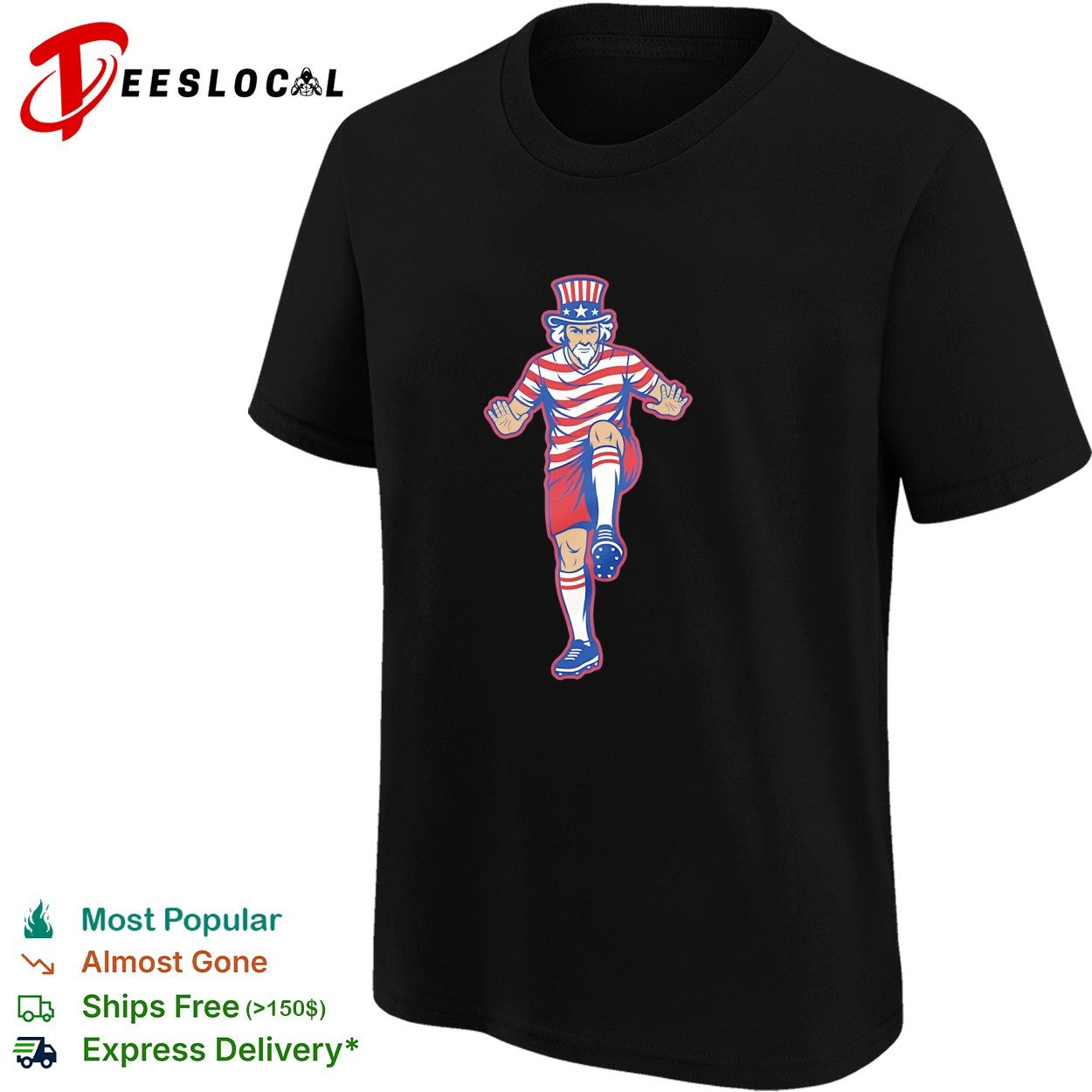 Uncle Sam raising leg to kick soccer ball USA flag shirt