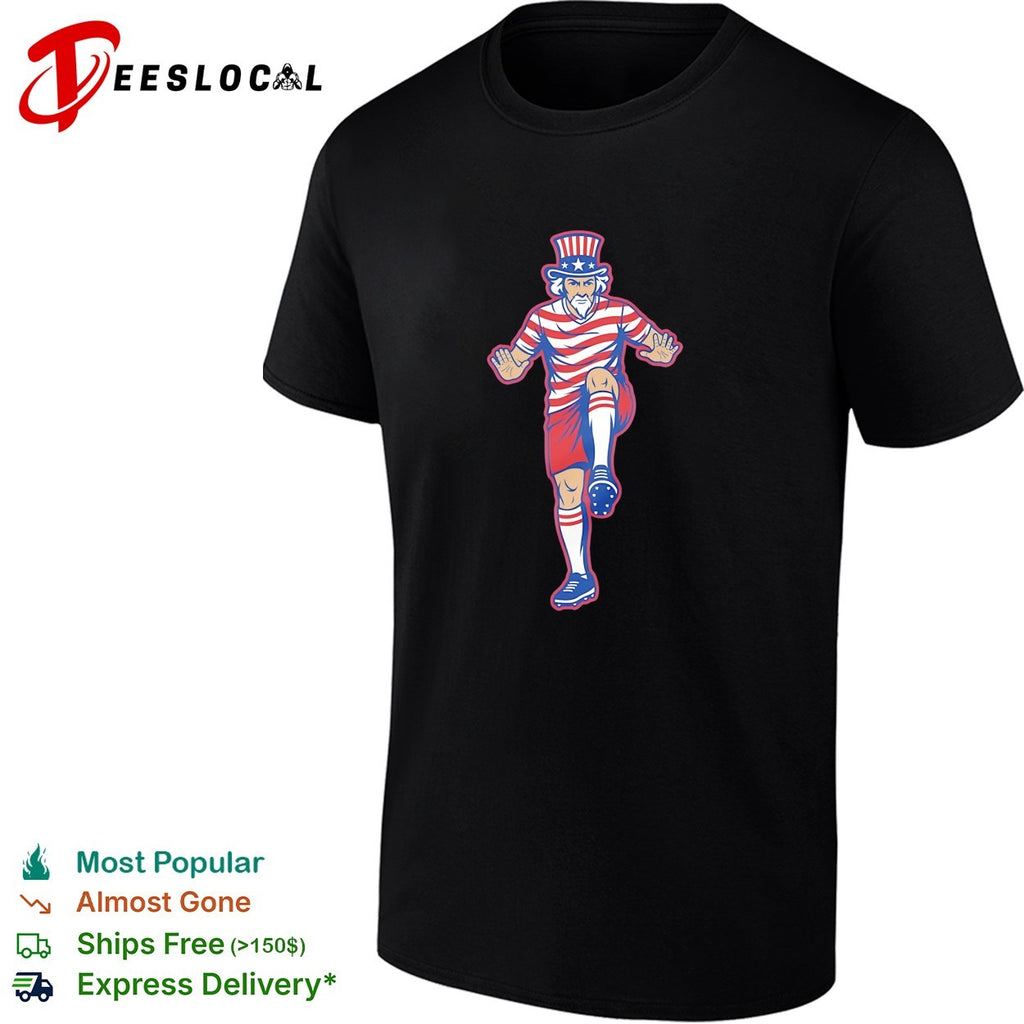 Uncle Sam raising leg to kick soccer ball USA flag shirt
