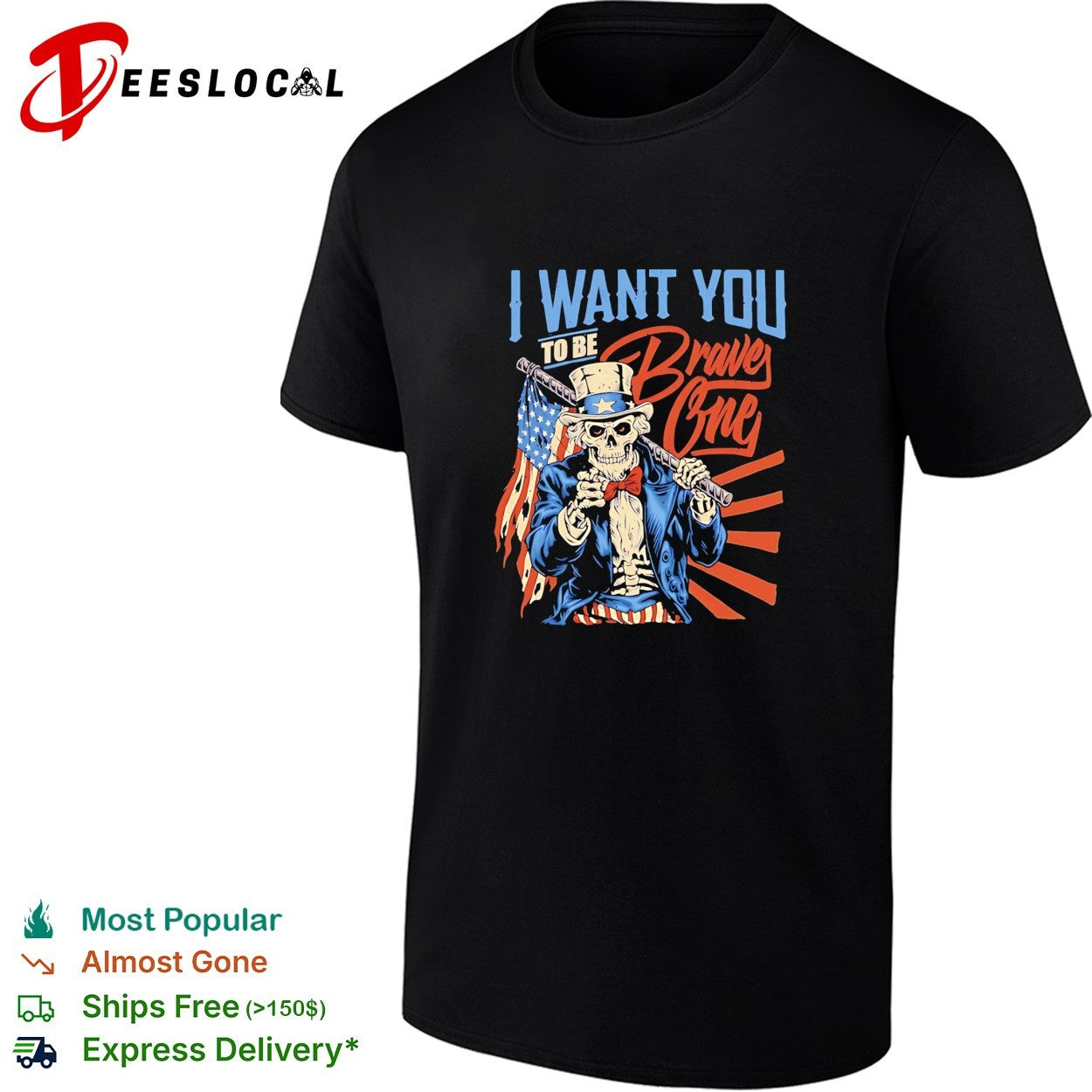 Uncle Sam skeleton I want you to be Braves One Atlanta Braves baseball bat shirt