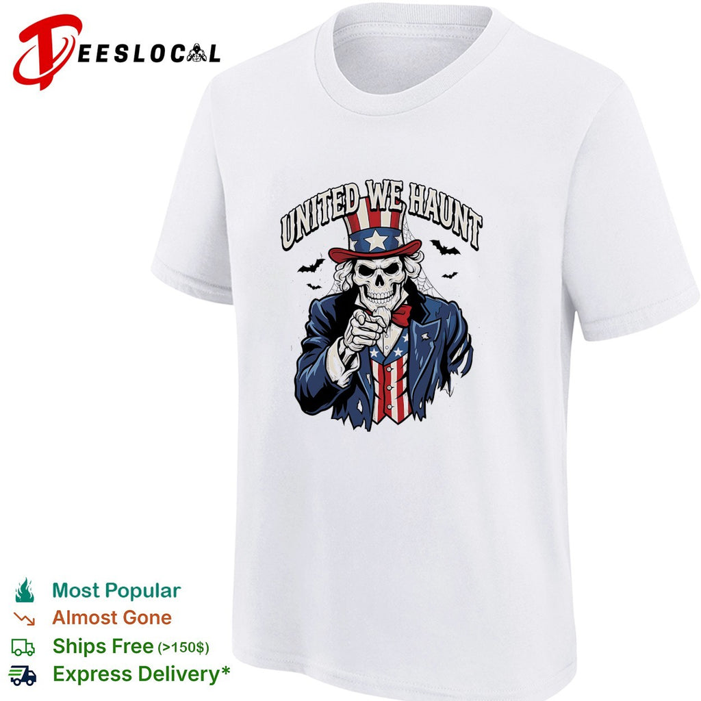 Uncle Sam skeleton pointing United we haunt Halloween bats shirt