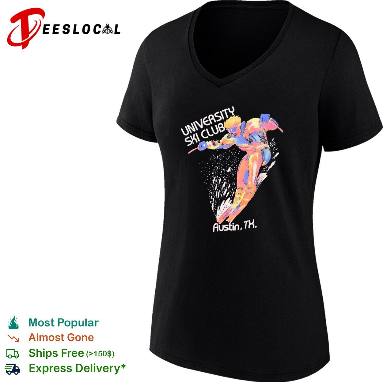 University Ski Club Austin TX skier neon colors 80s shirt