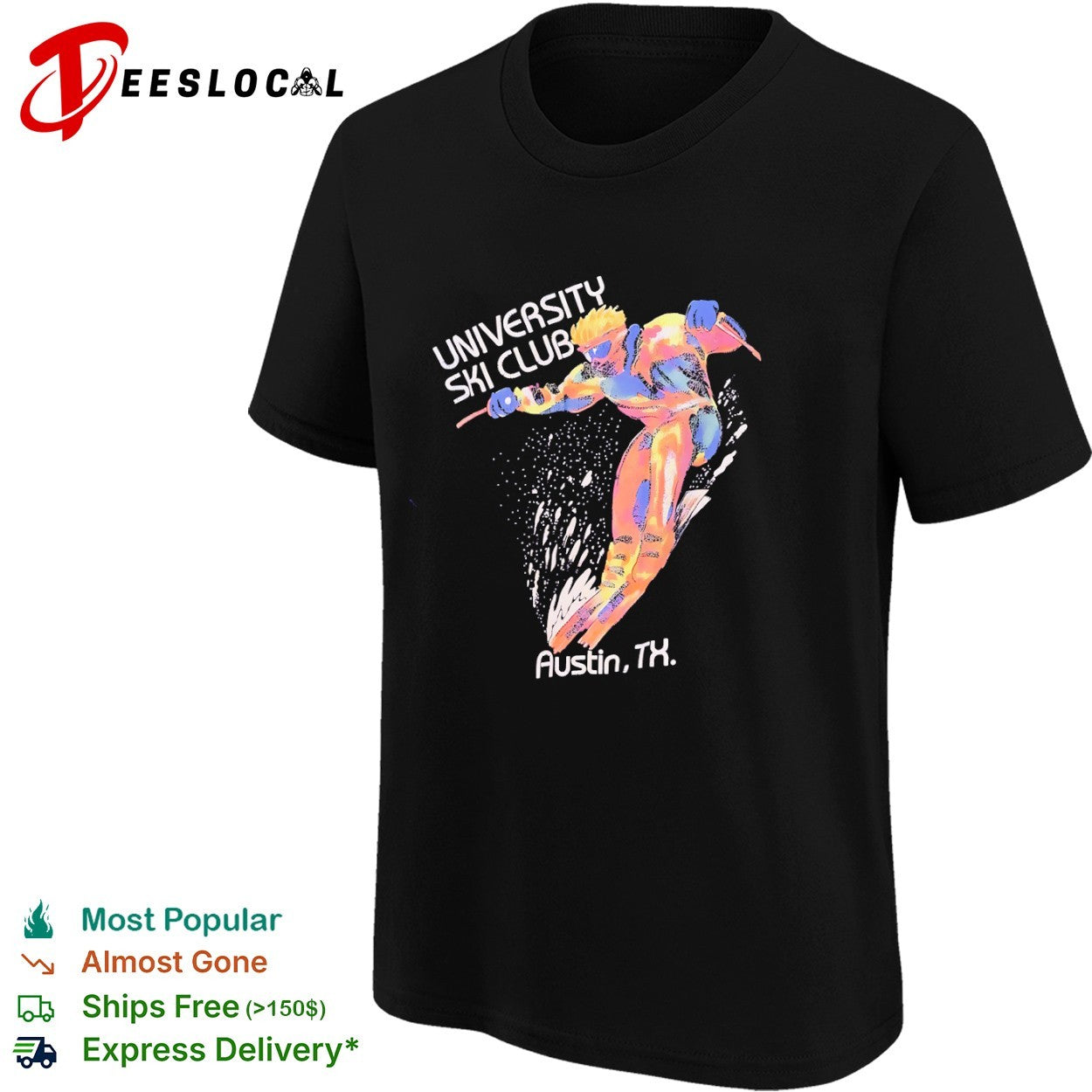 University Ski Club Austin TX skier neon colors 80s shirt