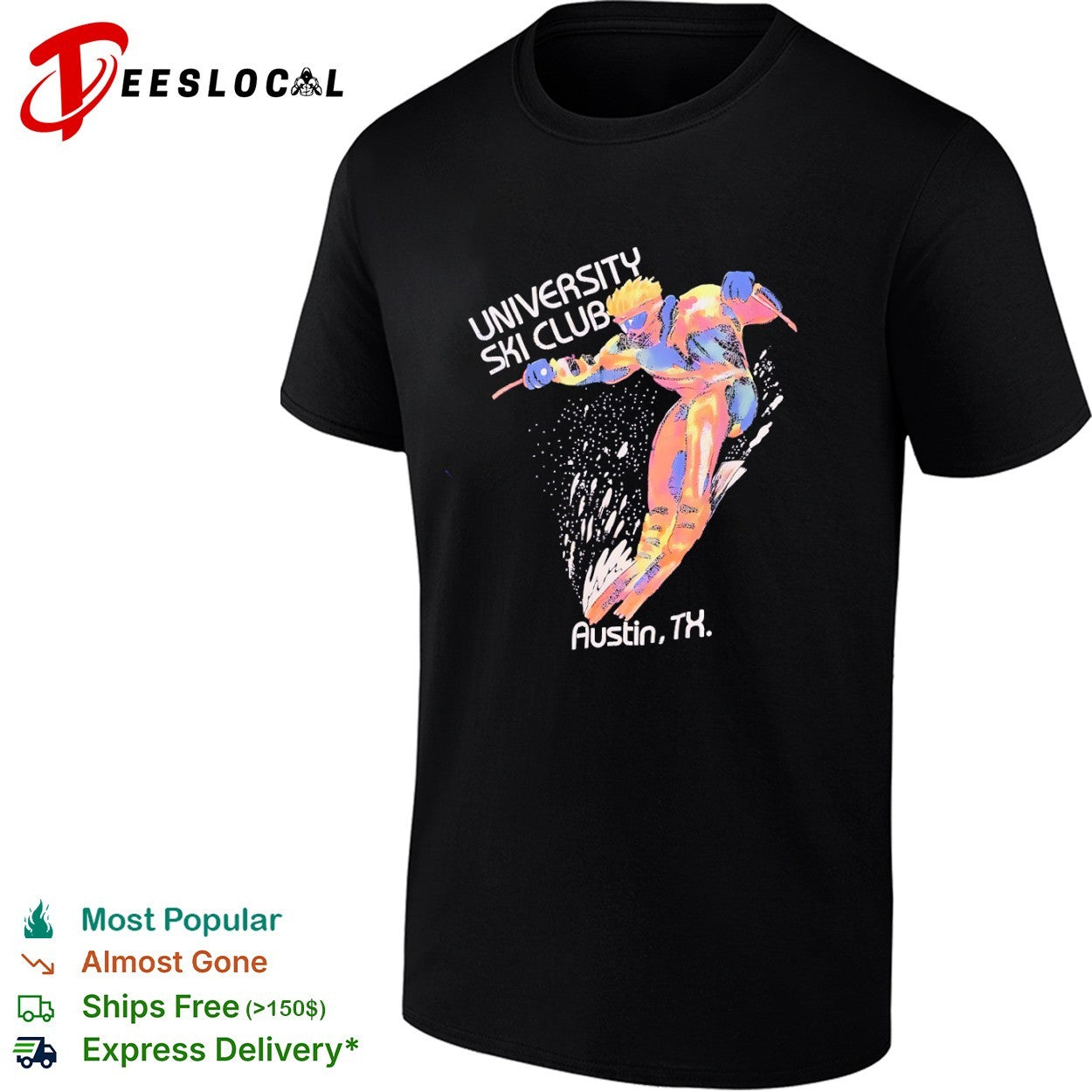 University Ski Club Austin TX skier neon colors 80s shirt