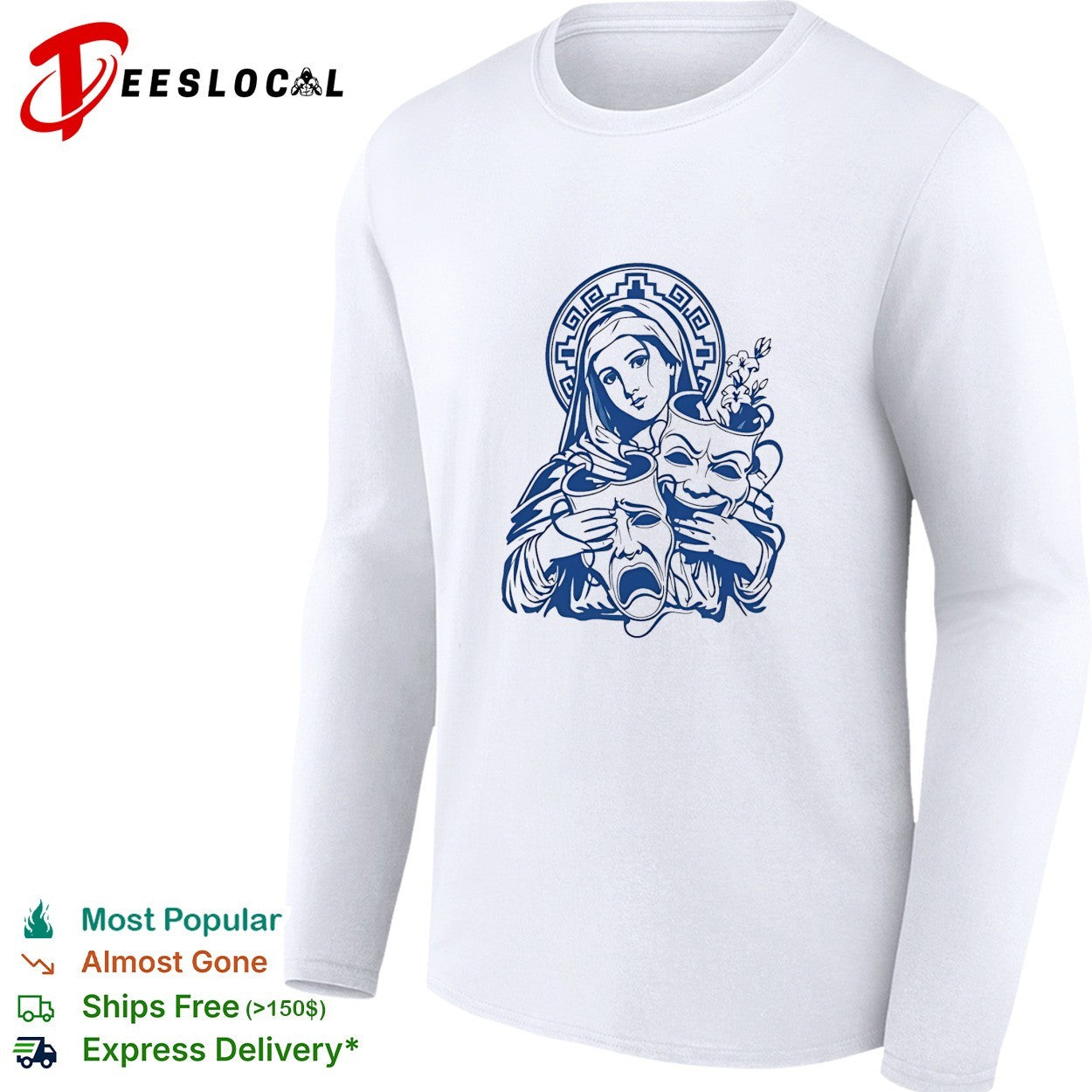 Virgin Mary cry now laugh later drama mask tattoo art shirt