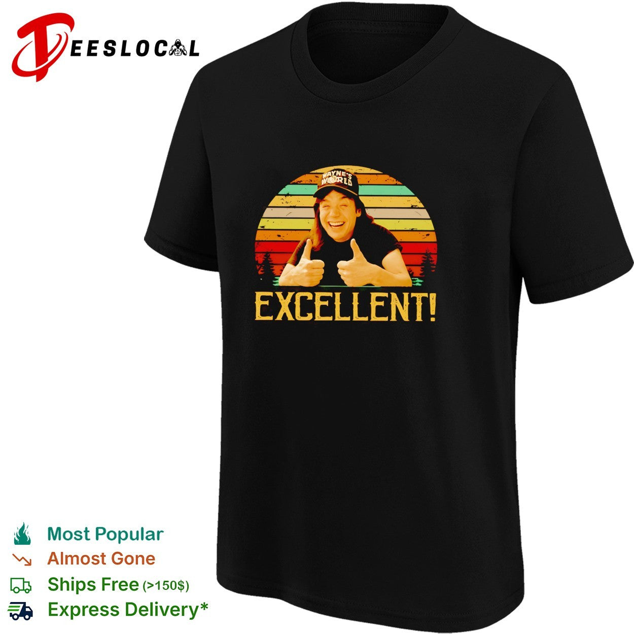 Wayne’s World Wayne Campbell thumbs up excellent retro sunset shirt