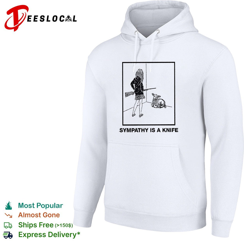 Woman holding shotgun looking at lamb sympathy is a knife shirt