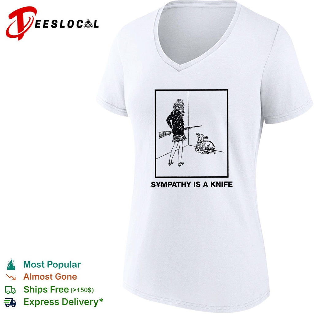 Woman holding shotgun looking at lamb sympathy is a knife shirt