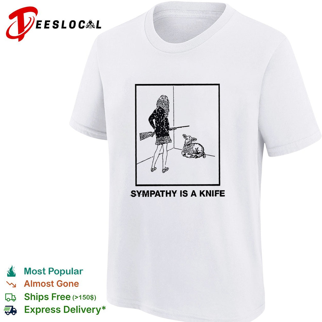 Woman holding shotgun looking at lamb sympathy is a knife shirt