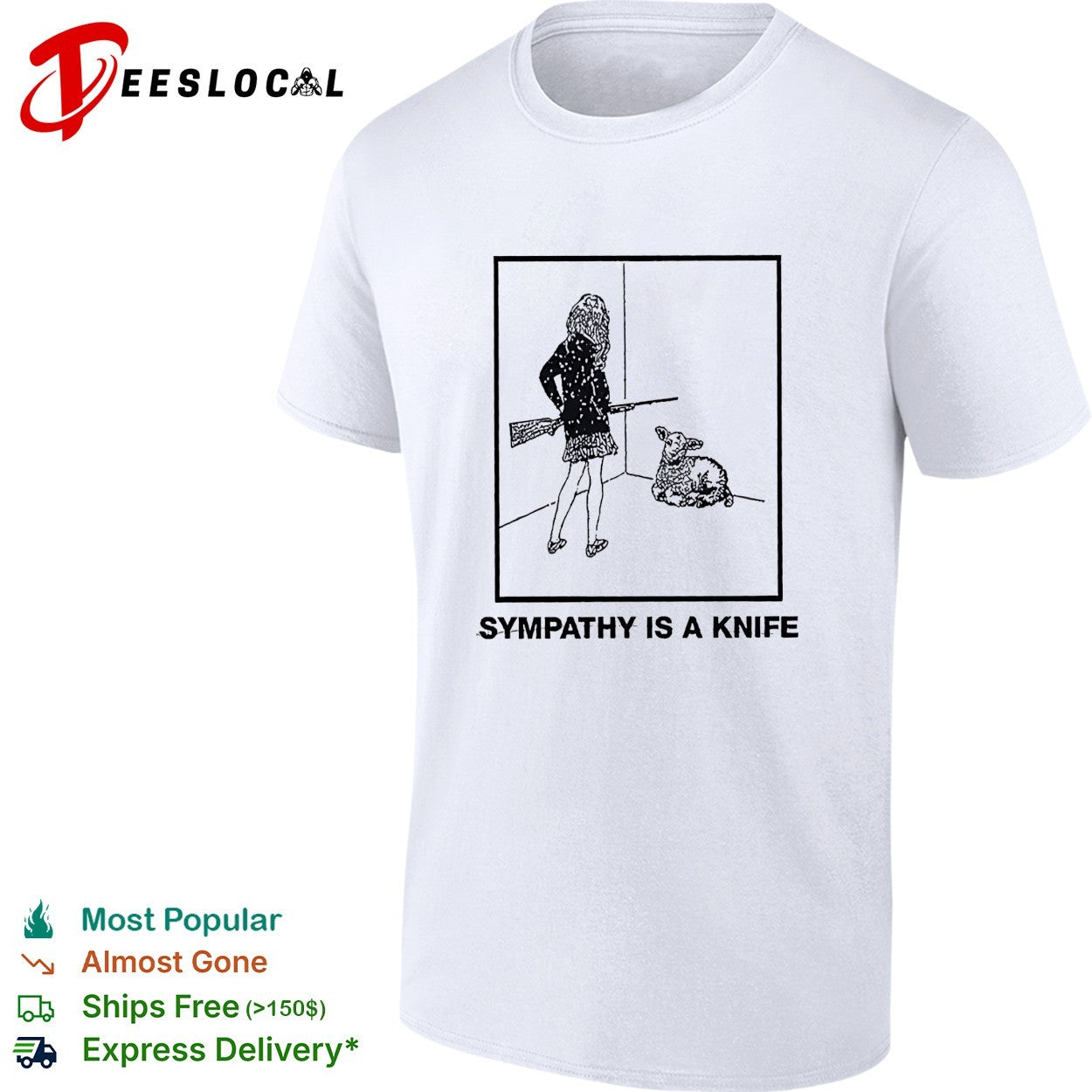 Woman holding shotgun looking at lamb sympathy is a knife shirt