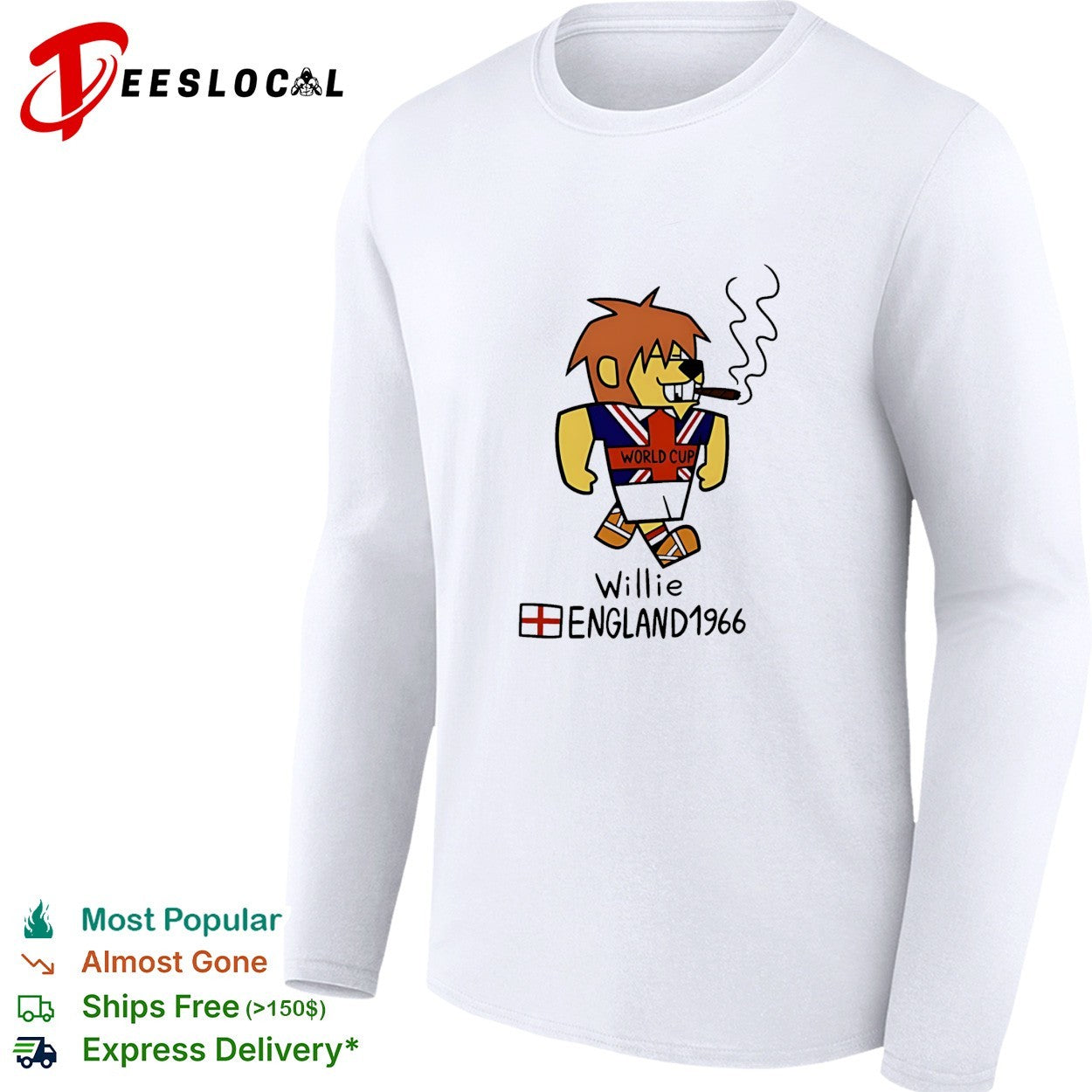 World Cup Willie England 1966 mascot cartoon smoking cigar soccer tournament shirt
