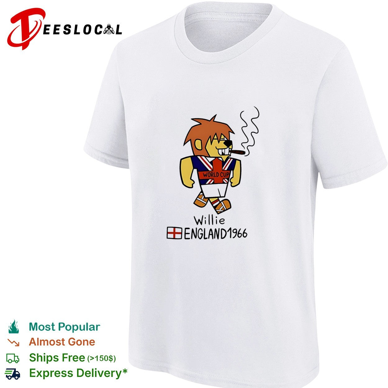 World Cup Willie England 1966 mascot cartoon smoking cigar soccer tournament shirt