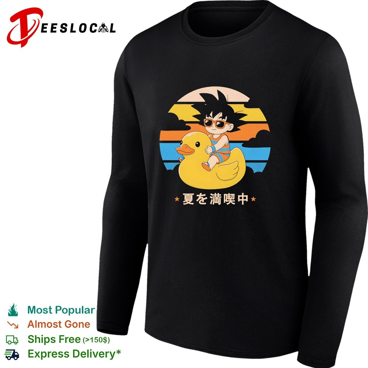 Young Goku riding rubber duck at sunset enjoying summer shirt