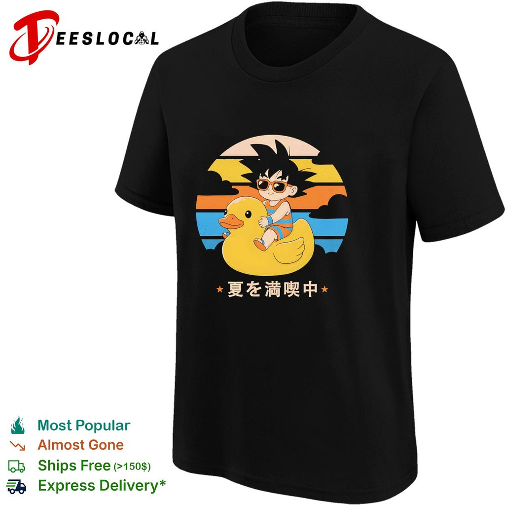 Young Goku riding rubber duck at sunset enjoying summer shirt