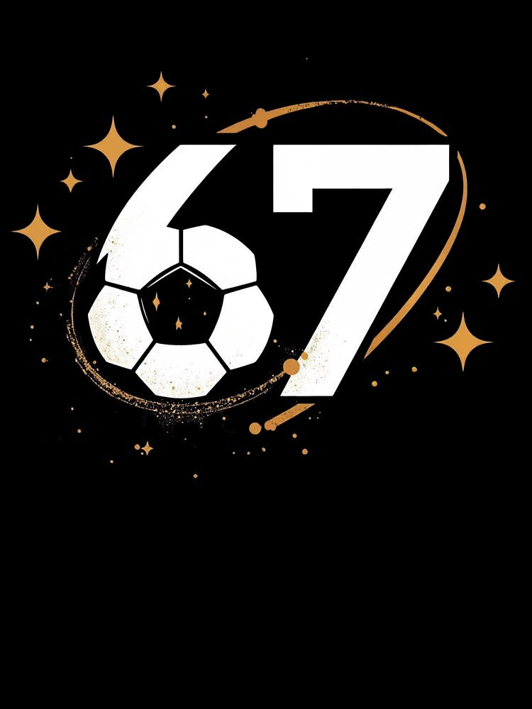 67 Soccer Cosmic Design – Minimal Aesthetic Football Art with Gold Stars by SaritaVerseArt