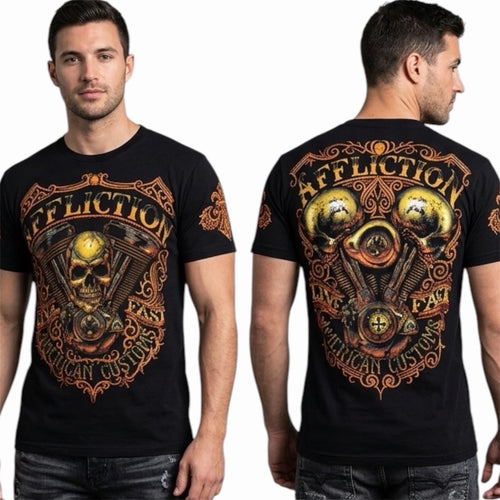 $58 AFFLICTION American Customs THUNDER Skulls Short Sleeve Slim Fit T-shirt NWT
