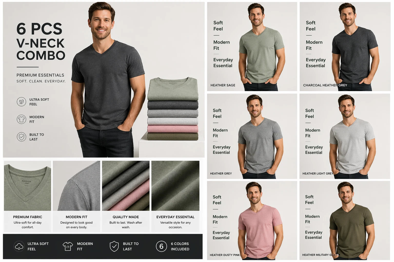 True Classic V-Neck T-Shirts 6 Pack Men Size L New No Tags Soft Premium Fit
