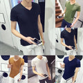 Mens V Neck Tee Daily Wear Party Wear Short Sleeve Solid Color Stretch Fabric
