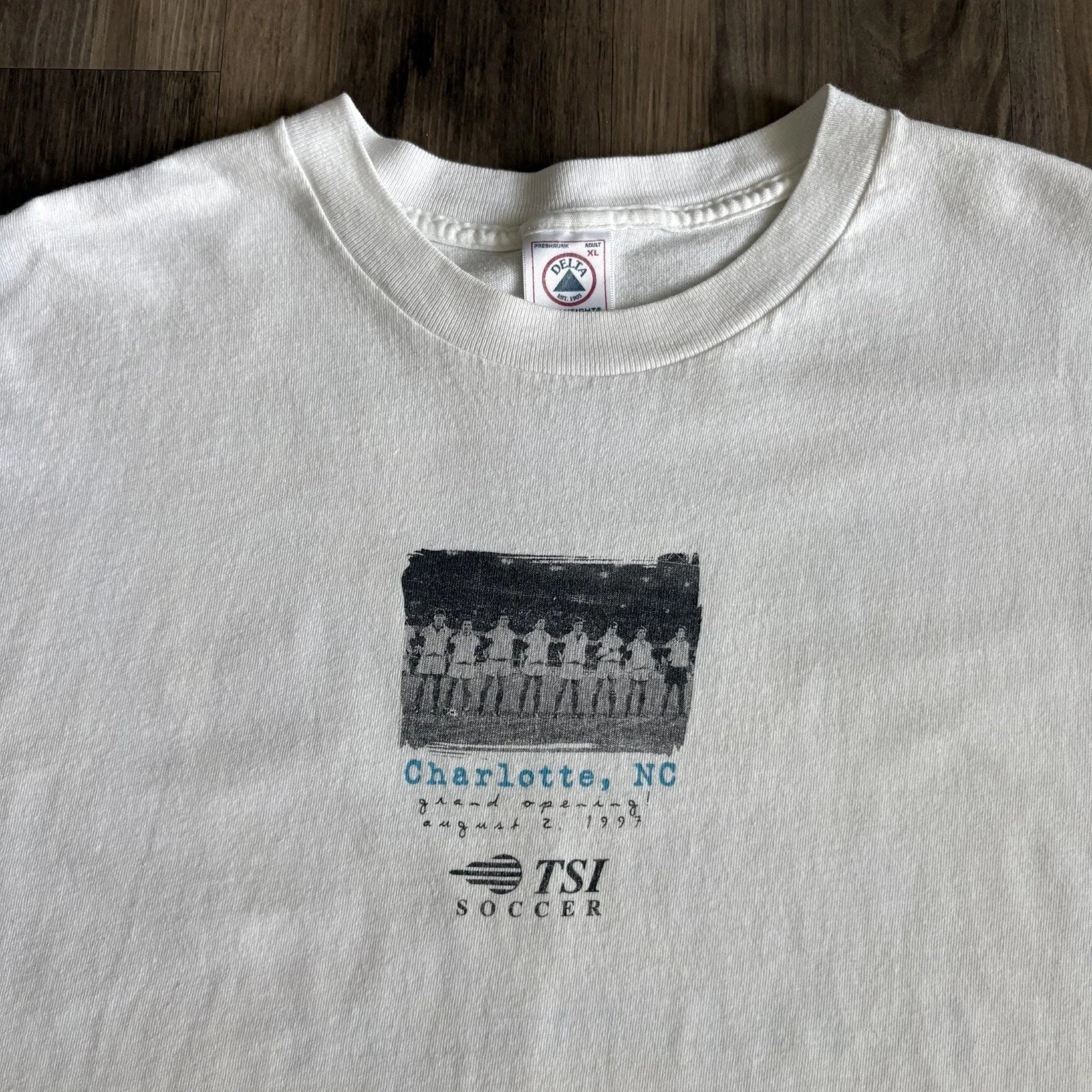 Vintage Soccer T-Shirt Men's Size XL White 1997 TSI Charlotte NC Store Promo