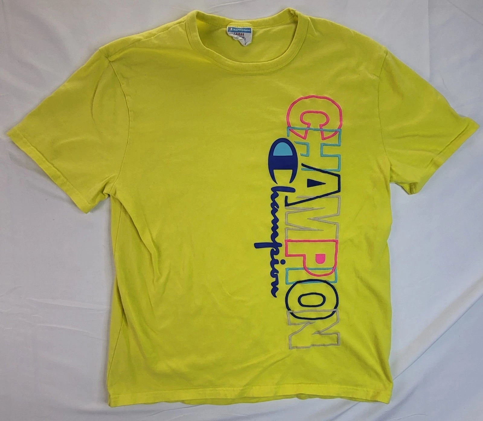 Vintage Champion Women's Short Sleeve T-Shirt Bright Yellow Crew Neck Size Large