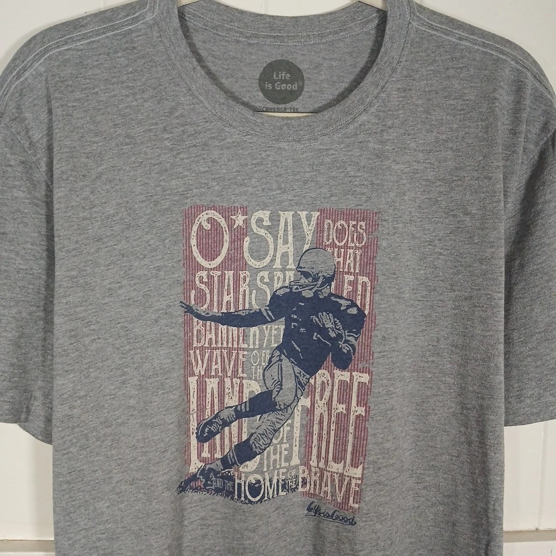 Life Is Good T-Shirt Star Spangled USA Football Crusher Tee Men's Large Gray SS