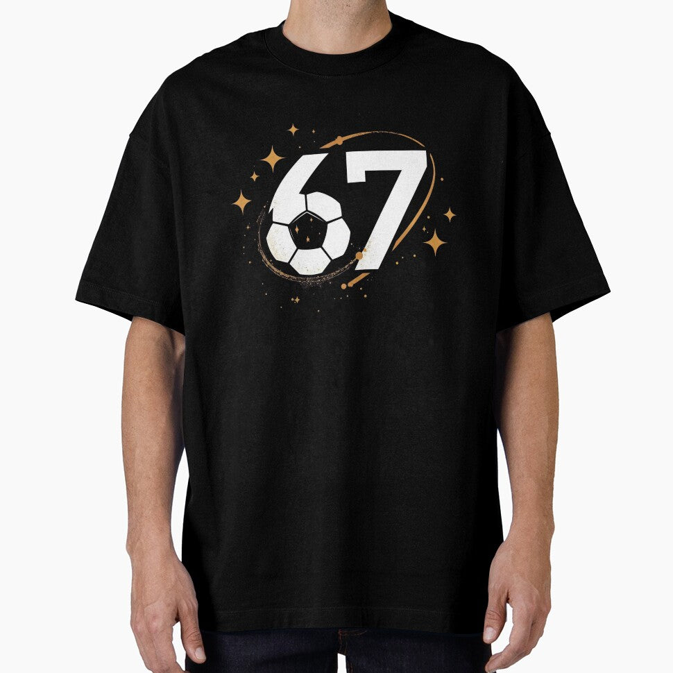 67 Soccer Cosmic Design – Minimal Aesthetic Football Art with Gold Stars by SaritaVerseArt