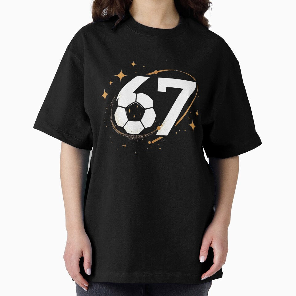 67 Soccer Cosmic Design – Minimal Aesthetic Football Art with Gold Stars by SaritaVerseArt