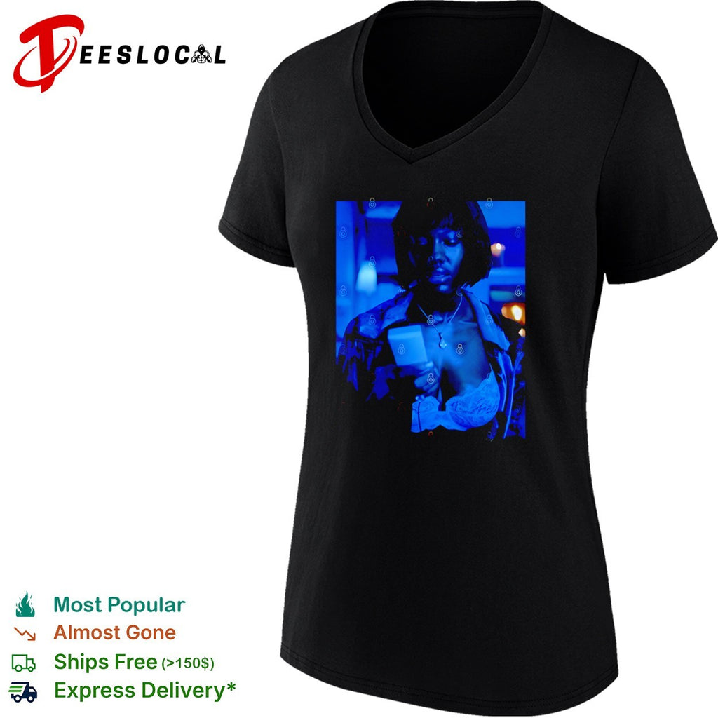 women looking at phone in blue light portrait shirt