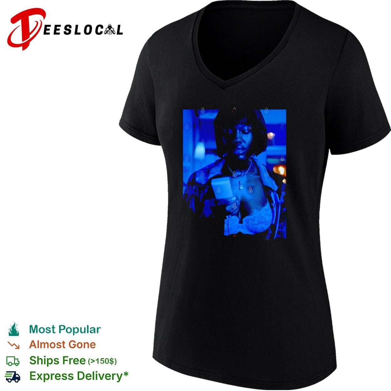 women looking at phone in blue light portrait shirt