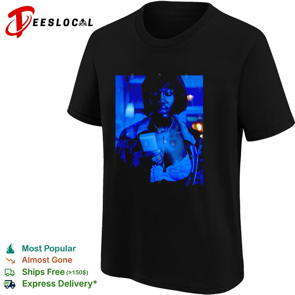 women looking at phone in blue light portrait shirt