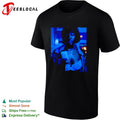women looking at phone in blue light portrait shirt