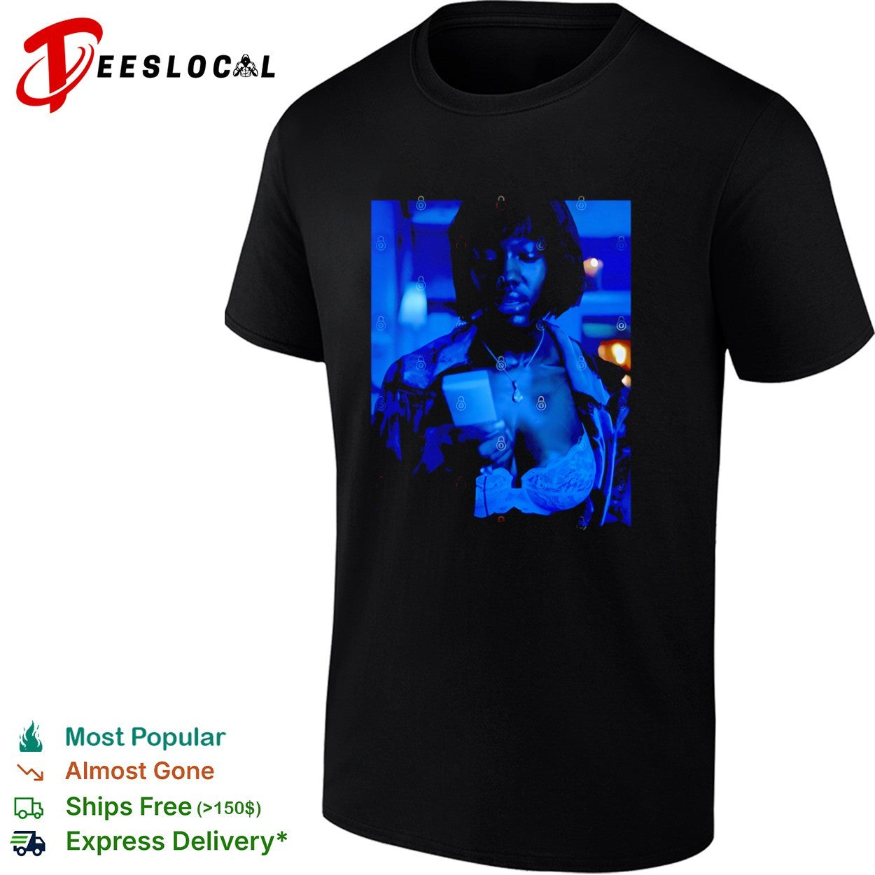 women looking at phone in blue light portrait shirt